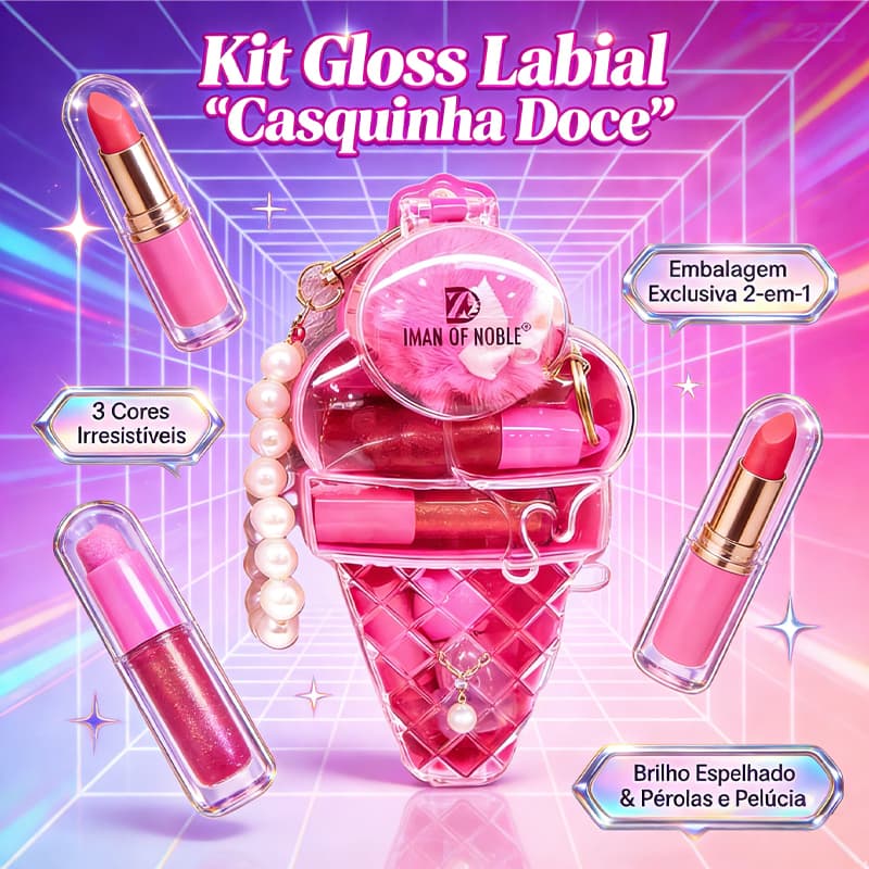 Melana Kit Gloss Labial Sorvete 3 Cores Chaveiro Mini Transparente Rosa Batom Brilho Lembrancinha