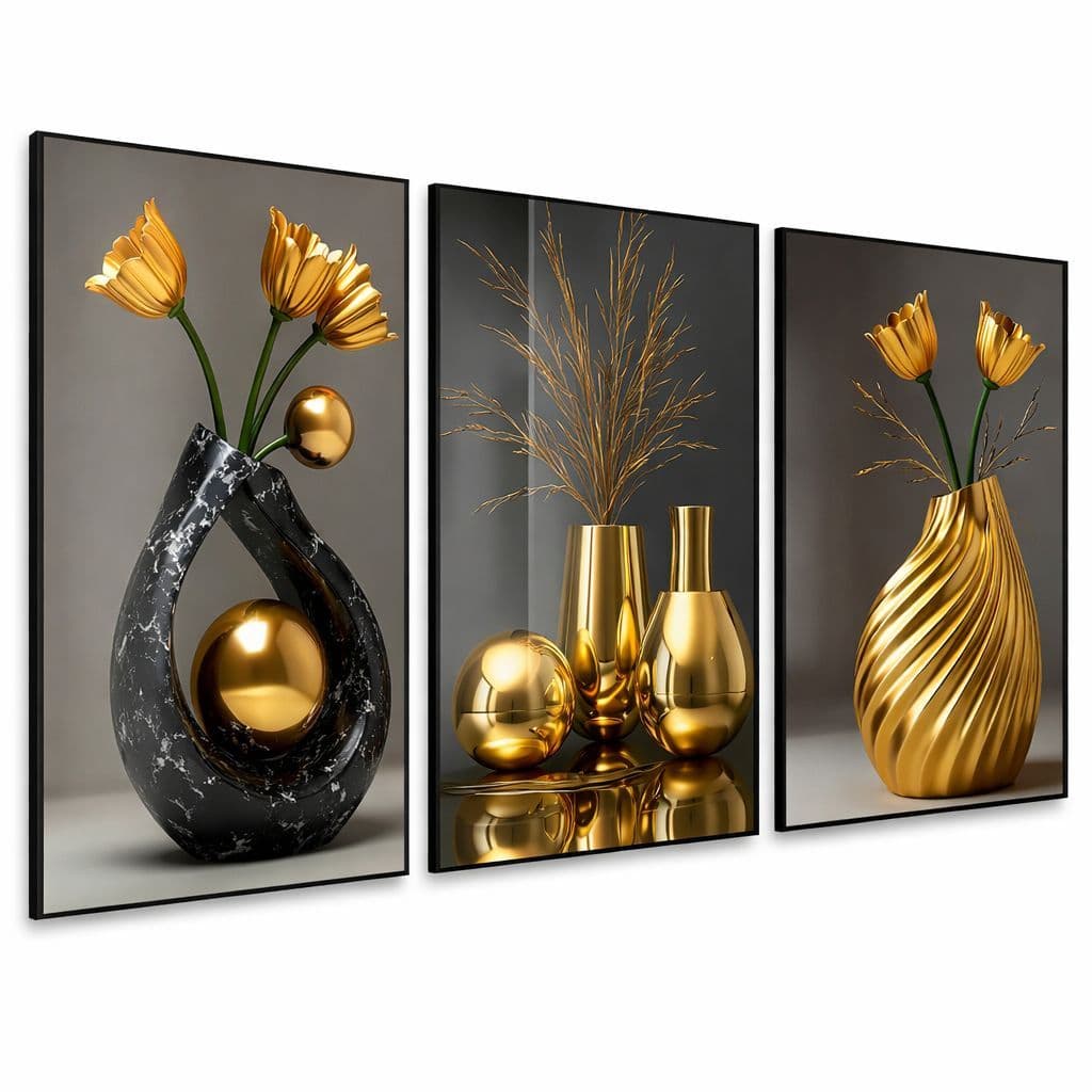 Quadro Decorativo 3 Peças Abstrato Geométrico Nordic Hall Vasos Flores Luxo Moderno