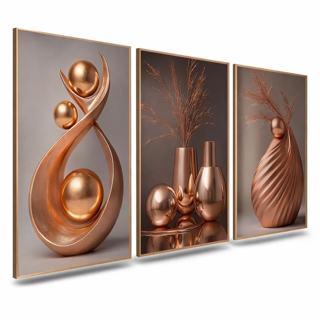 Quadro Decorativo 3 Peças Abstrato Geométrico Arranjo Vasos Tons Cobre Metálicos Luxo Moderno