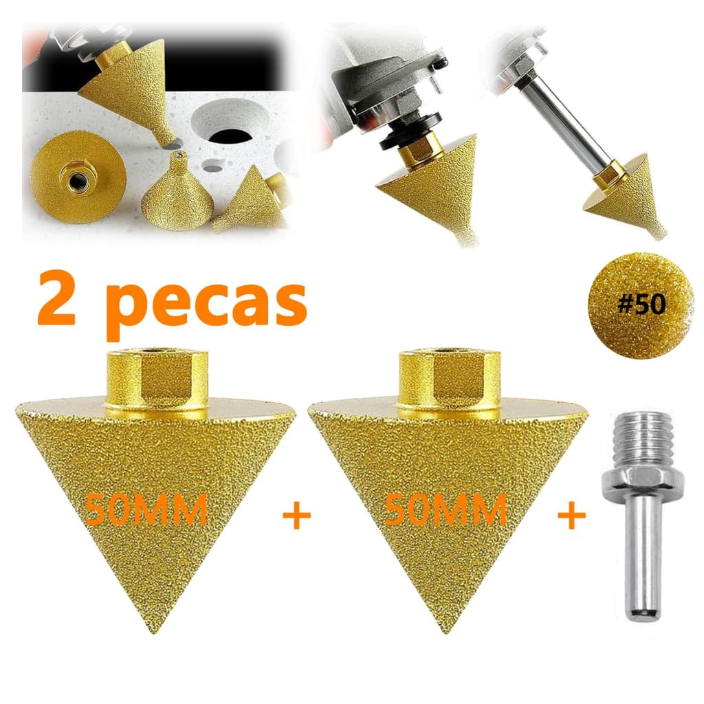 2 Peças Broca De Chanfro De Diamante 50MM + Adaptador Rosqueado M14Rosca Para Moagem De Azulejos E Pedras