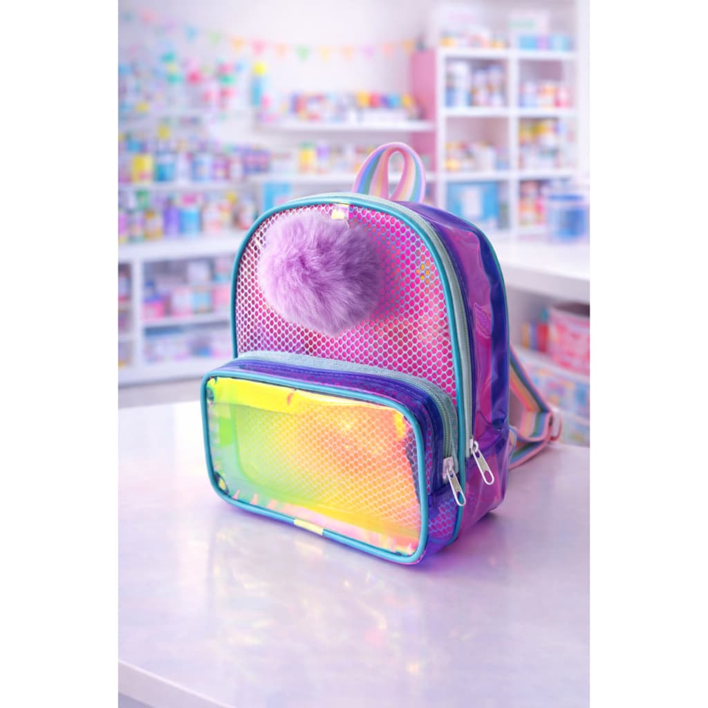 Mochila Colorida Infantil Cristal Holográfica Pompom de Passeio Escolar Kpop Lilás