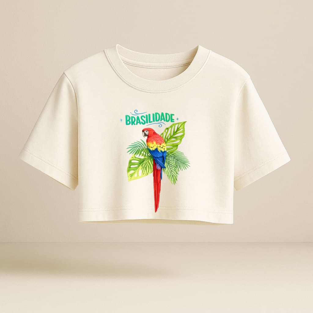 Cropped Oversized Feminino Brasilidade Arara Tropical Blusa 100% Algodão Lançamento
