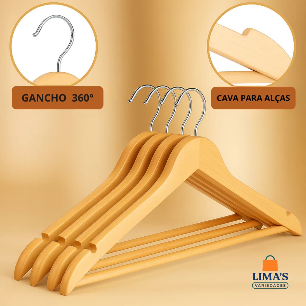 Cabide de Madeira Marfim Premium Adulto Para Roupas Calças Gancho Cromado Atacado  Kit 10/20/30 Unidades