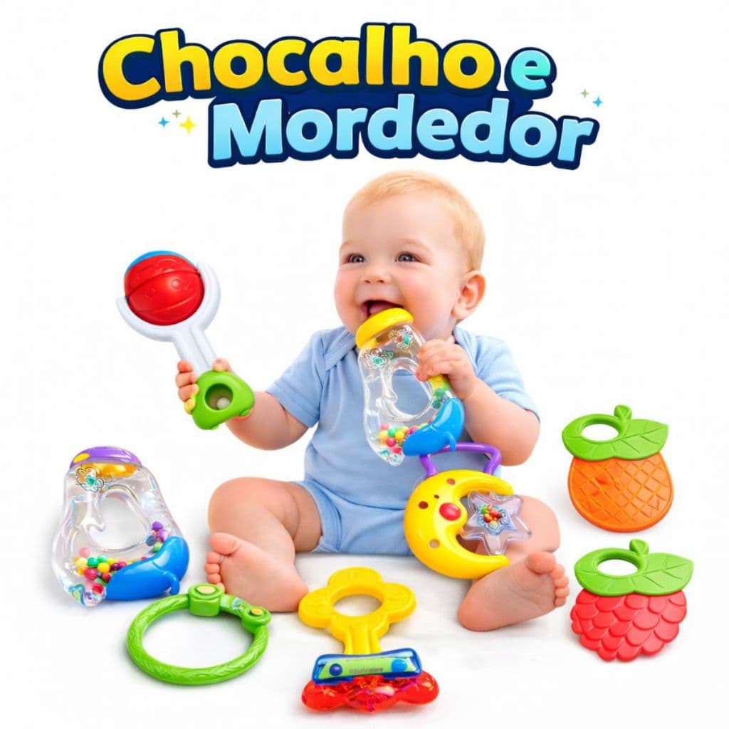Kit Chocalho Mordedor Sensorial Brinquedo Para Bebê Neném Criança