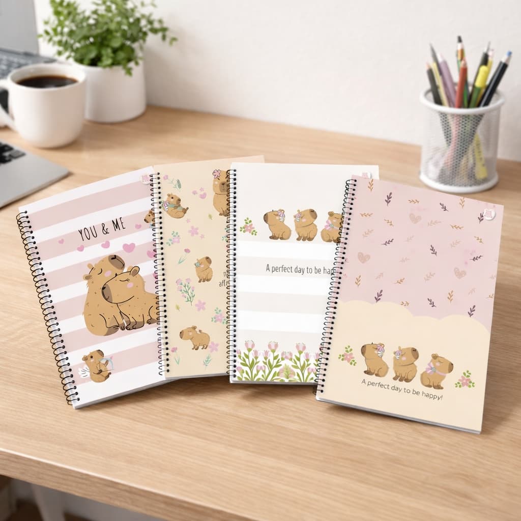 Caderno Capa Dura 10 Matéria Capivara 160 Folhas Espiral Com Adesivos Universitário Escolar- Sortido