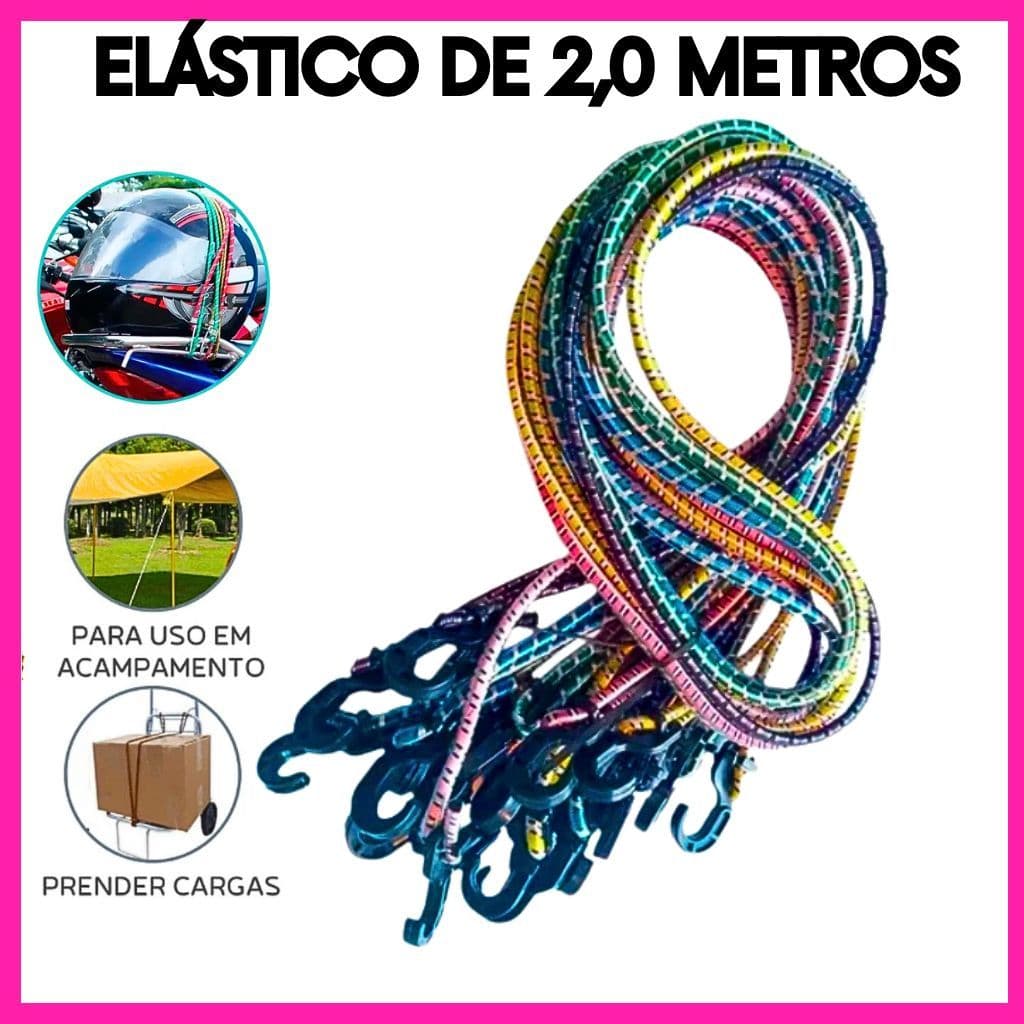 Kit 5 Elástico Bagageiro 2m Reforçado com Gancho Moto Bike Alta Resistência Carga