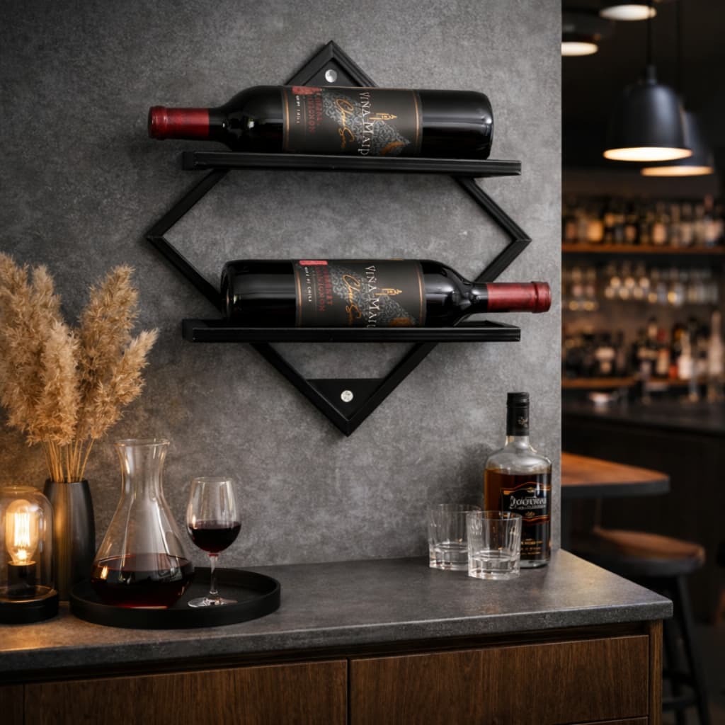 Suporte para Garrafas de Vinho de Parede – Estilo Moderno Industrial Preto (2 Garrafas)