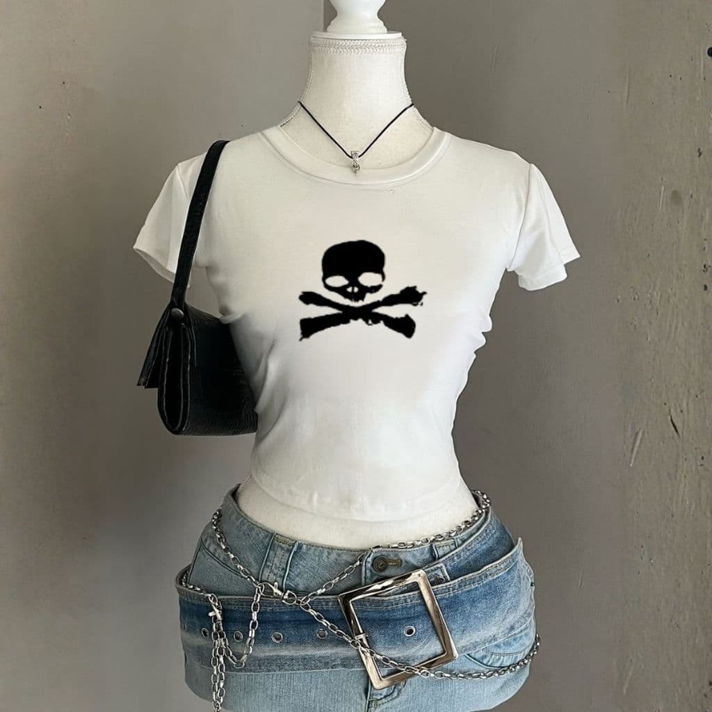 Cropped Slim Feminino Estilo Grung Moda Ventage Y2k Gótica Tecido De Algodão