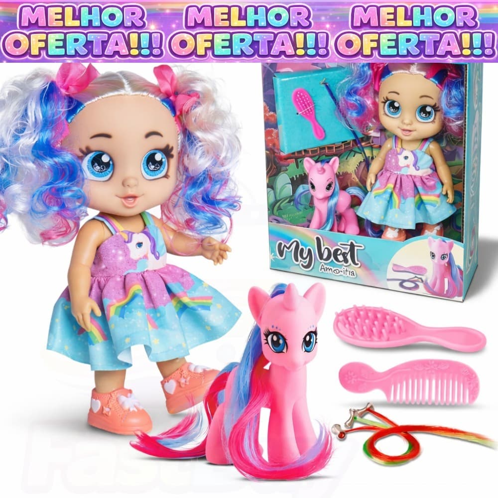 Boneca My Best Arco Iris com Unicórnio e Acessórios - Envio Imediato - Bee Toys
