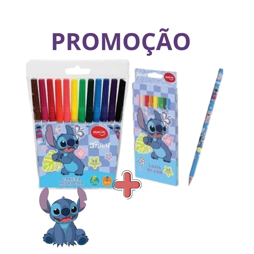 Kit Lapis de cor + Canetinha Stitch 12 cores papelaria fofa Molin