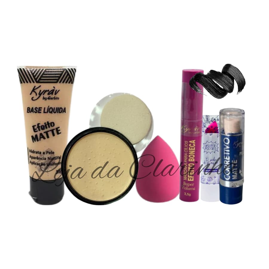 Kit Maquiagem Base, Pó, Corretivo, Esponja, Batom e Rímel 6 itens / Gloss Perfume Body Splash