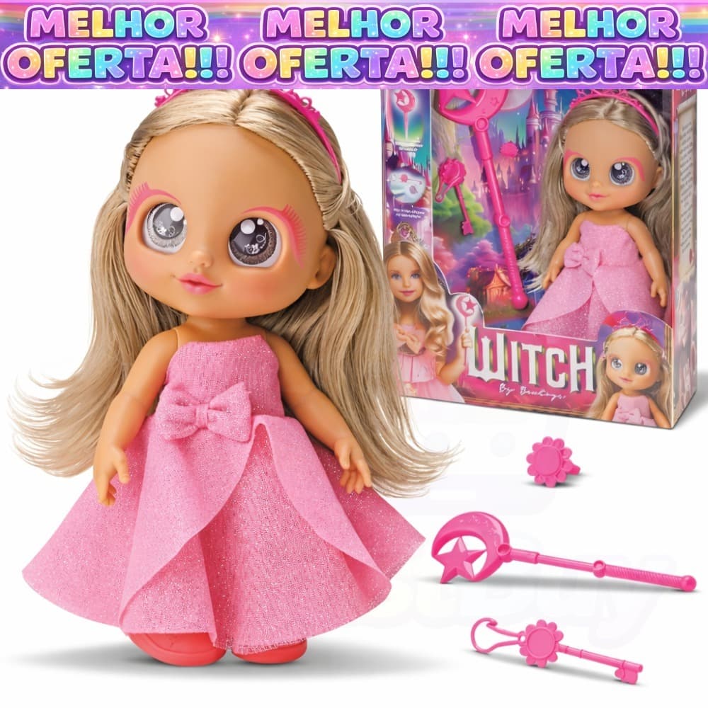 Boneca Witch Bruxinha Rosa com Varinha Magica Anel e Acessórios Brinquedo Infantil Menina