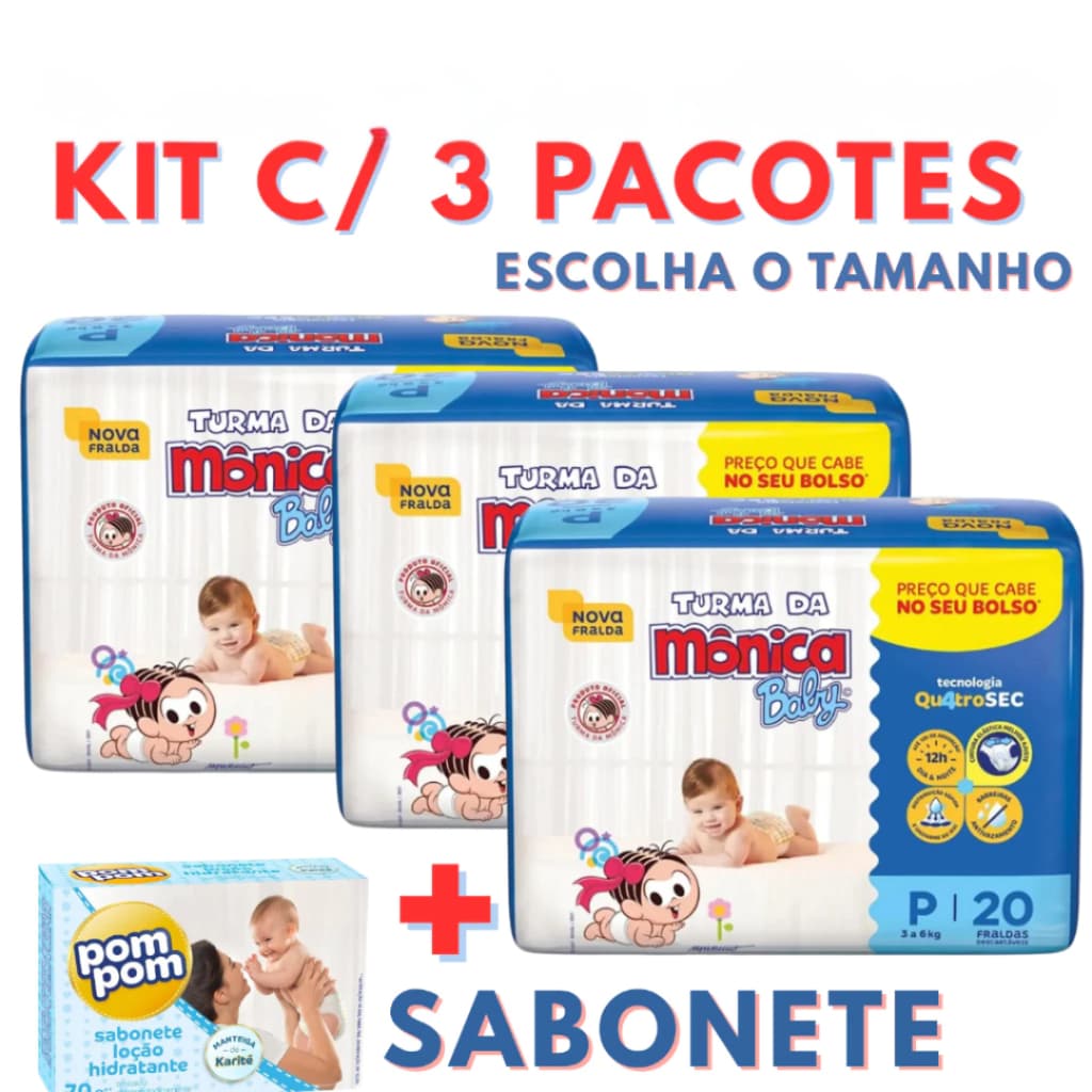 Fraldas Turma da Mônica 3 Pacotes + Sabonete Infantil Até 12h de Absorção