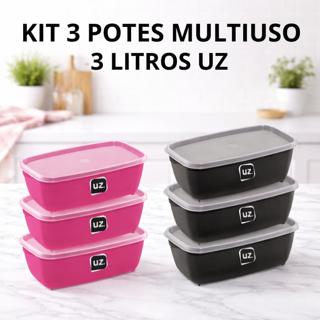 KIT 3 Potes Multiuso 3L UZ - Armazenamento de Alimentos Práticos
