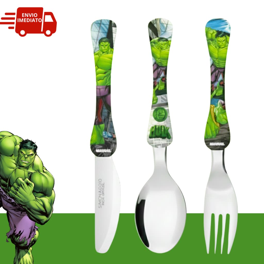 Talher Hulk Infantil Colher, Faca e Garfo Kit Marvel Volta Aulas Lancheira Super Herói Homem Aranha
