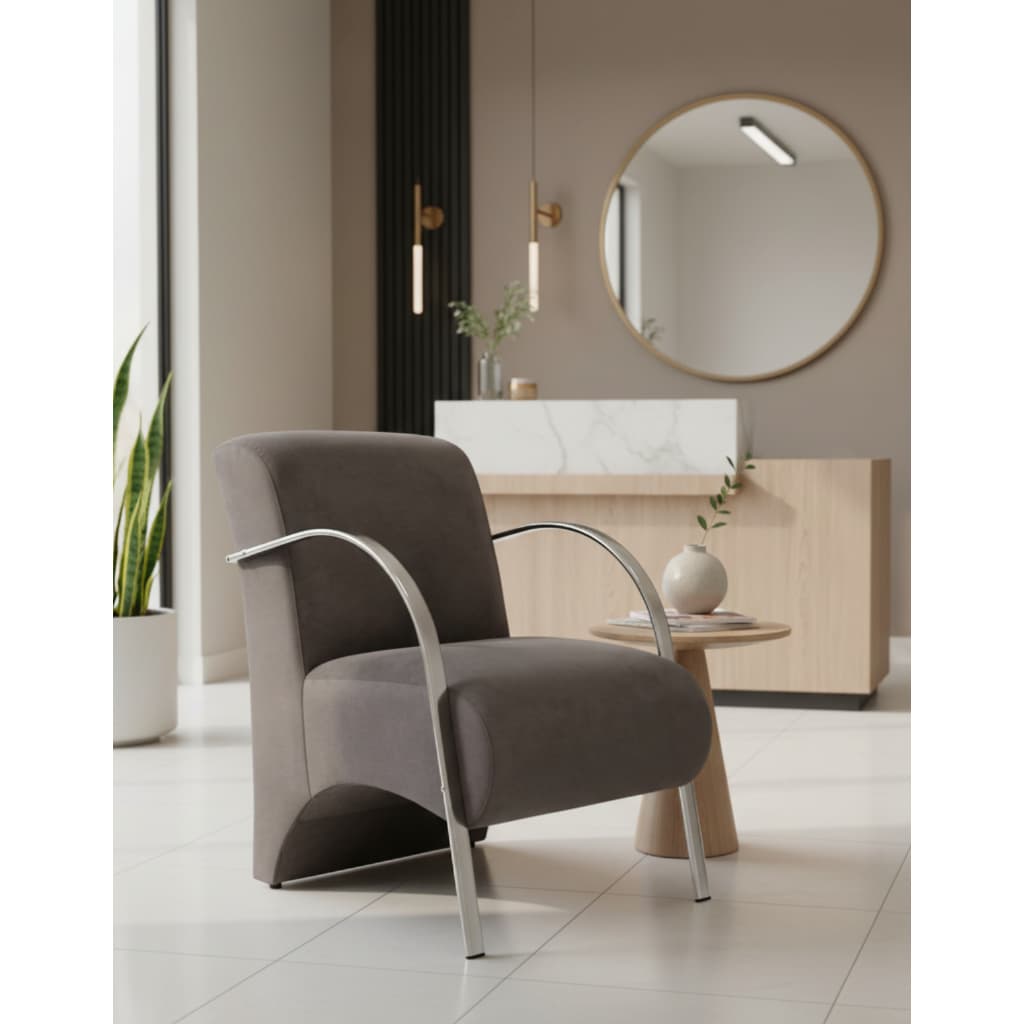 Poltrona Decorativa Predoli Braço de Alumínio Suede, Recepção, Sala, Quarto, Barbeiro, Consultório