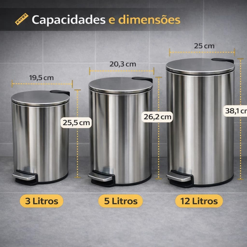 Lixeira Inox com Pedal e Balde Interno Removível p/ Banheiro, Cozinha, Escritório | 3L, 5L ou 12L