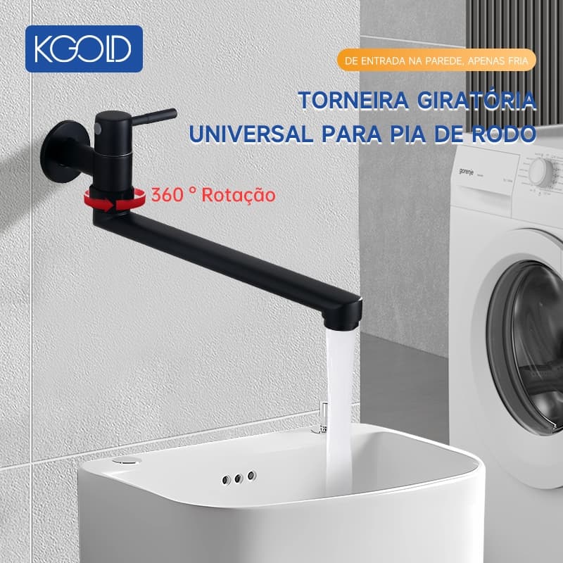 Torneira Giratória 360° Para Pia de Rodo / Lavanderia – Parede – Água Fria – Preta Fosca