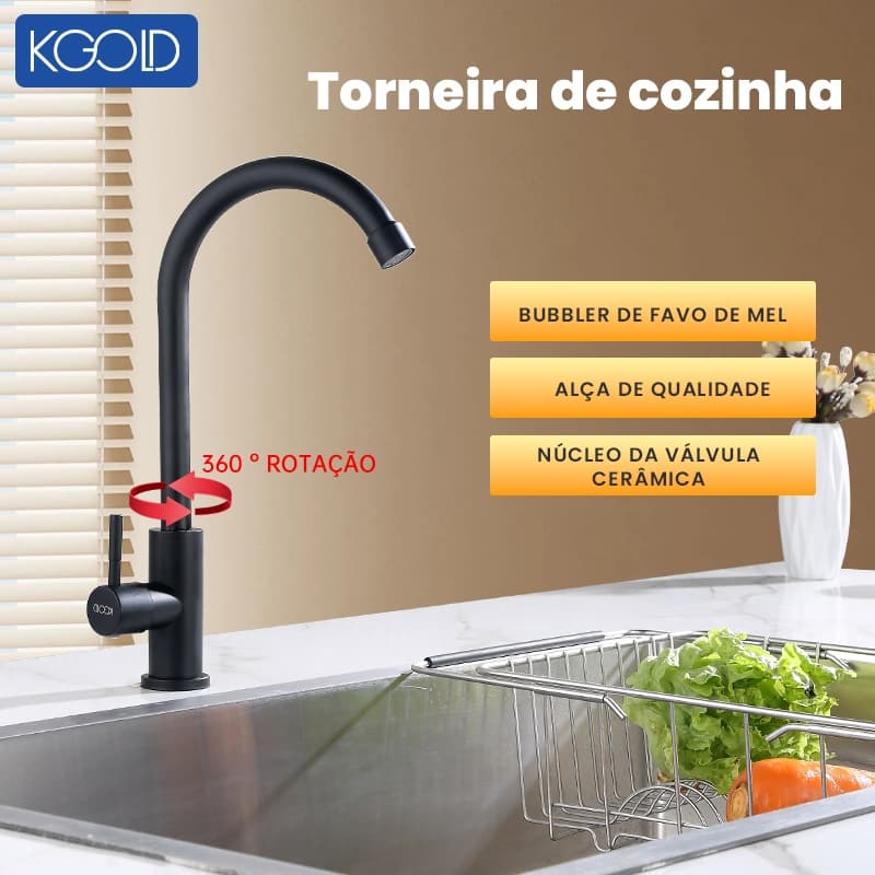 Torneira Gourmet Cozinha Giratória 360° Preta Fosca Parede Água Fria com Arejador