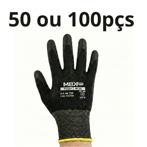 Kit 50/100 unid Luva Tátil Nitrílica Medix PUB+ em Nylon com Banho PU Preta PMGGG - CA 48758