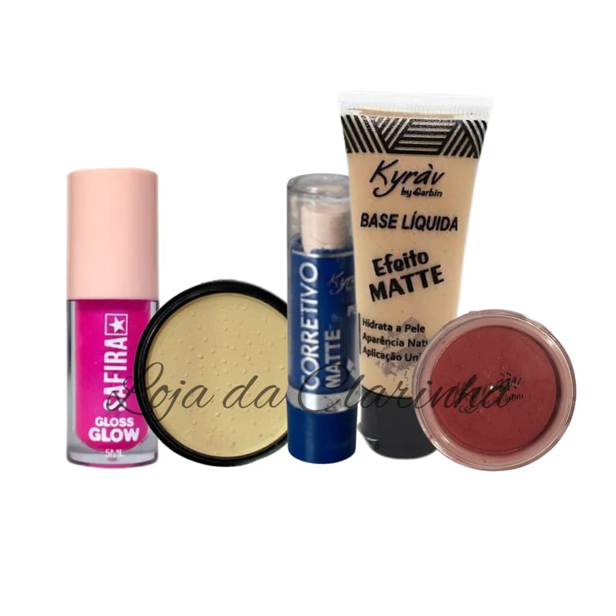 Kit de maquiagem com Gloss, Pó, Corretivo, Base e Blush Beleza