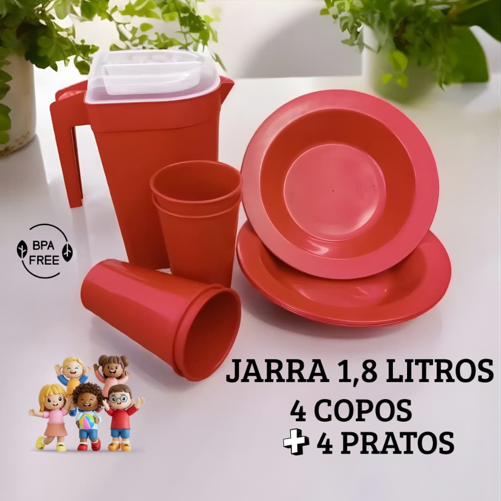 Kit Jarra 1,8L + 4 Copos e 4 Pratos Fundos Para Festas Eventos Crianças Merendas Várias Cores Infantil