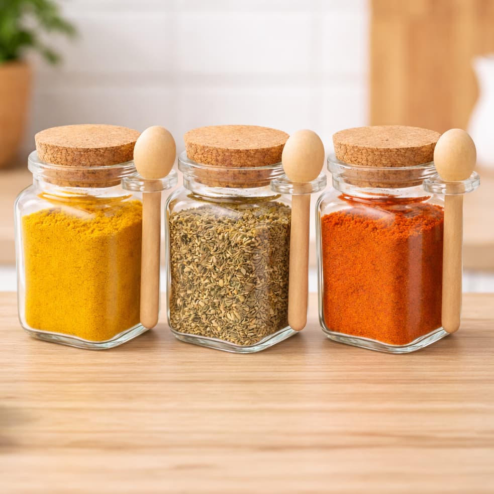 Kit 3 Potes de Vidro 310ml com Tampa de Cortiça e Colher. Ideal para temperos, organiza e decora sua cozinha