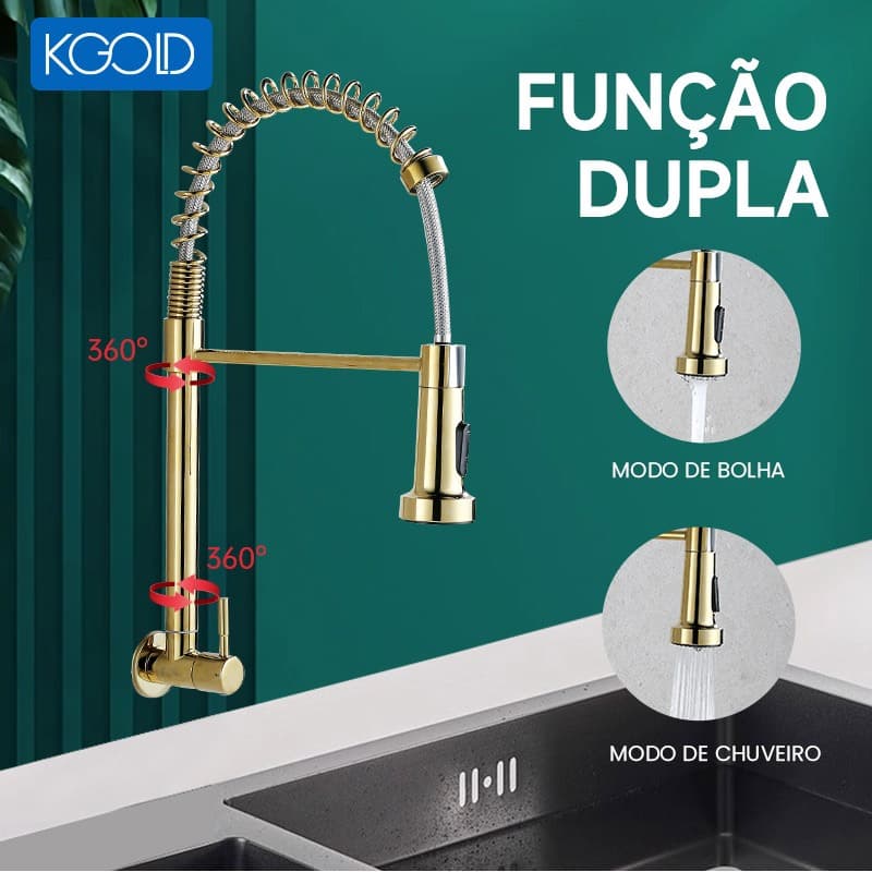 Torneira Gourmet Cozinha com Mola Giratória 360° Parede Dourada Dupla Função Chuveiro/Bolha