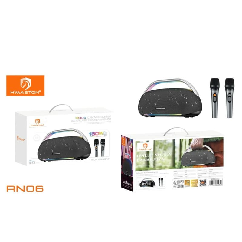 Caixa de Som Boombox 150W Potente com 2 Microfones Sem Fio H'Maston RN06