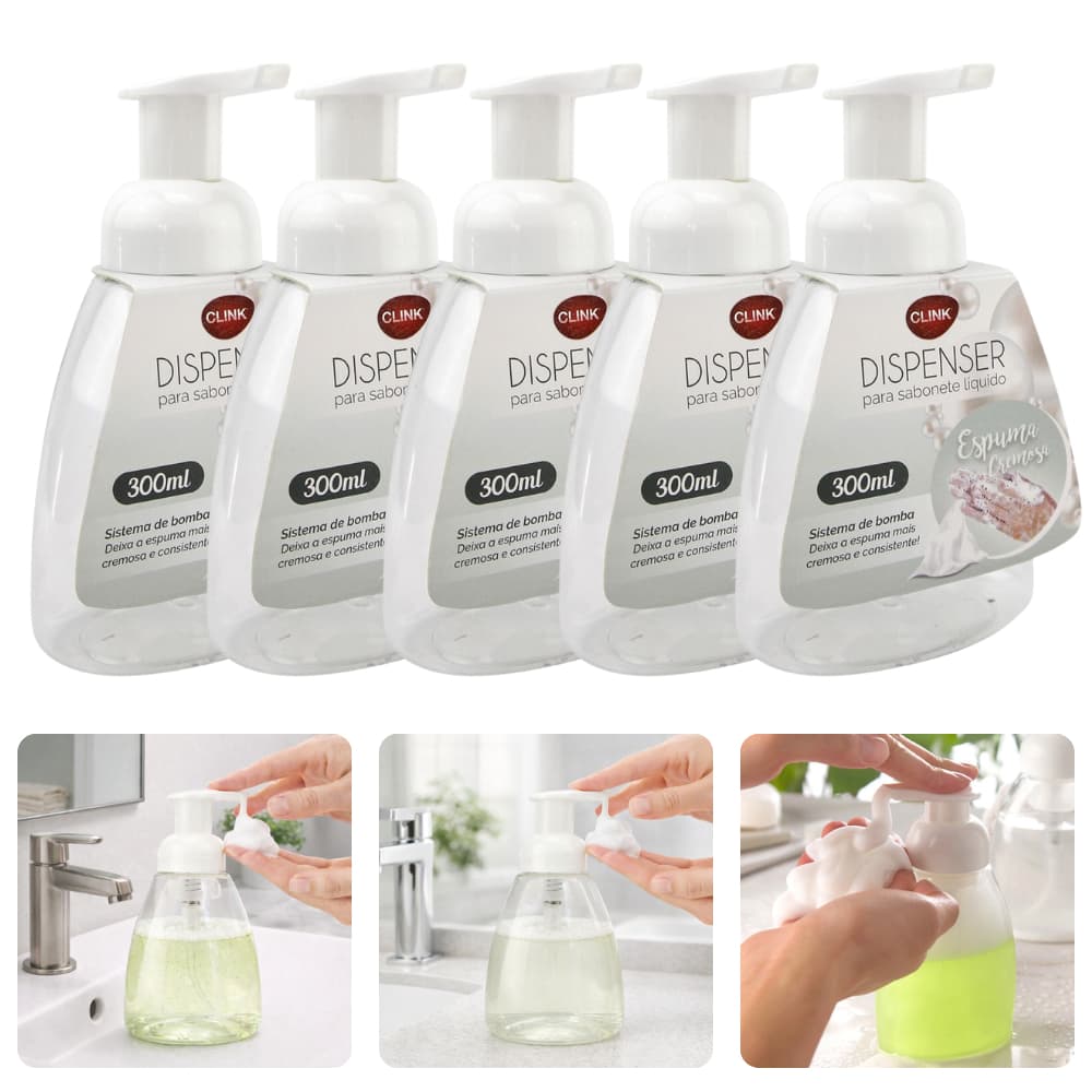 Kit Dispenser Sabonete Líquido Espuma Densa Cremosa Bico Dosador Pump 300ml Branco Transparente