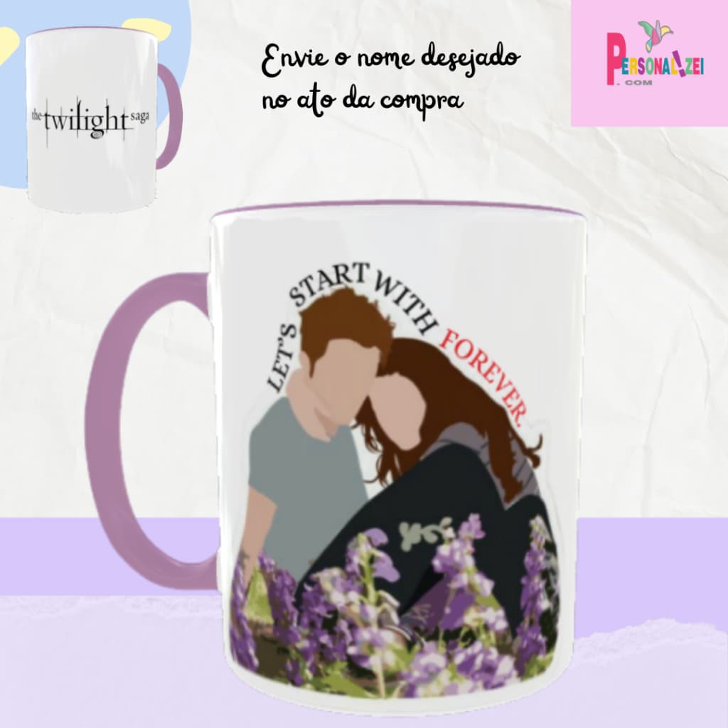 Caneca Personalizada Edward e Bella Interior Lilás Porcelana Xícara Personalizada Crepúsculo Frase