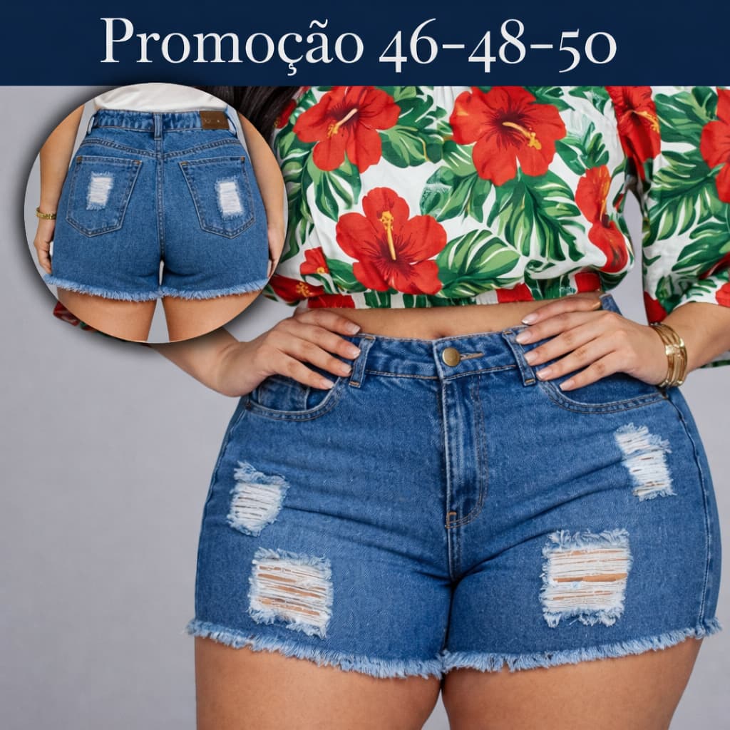 Short Plus Size Cintura Alta Modeladora Barrinha Desfiada Empina Bumbum Claro Destroyed