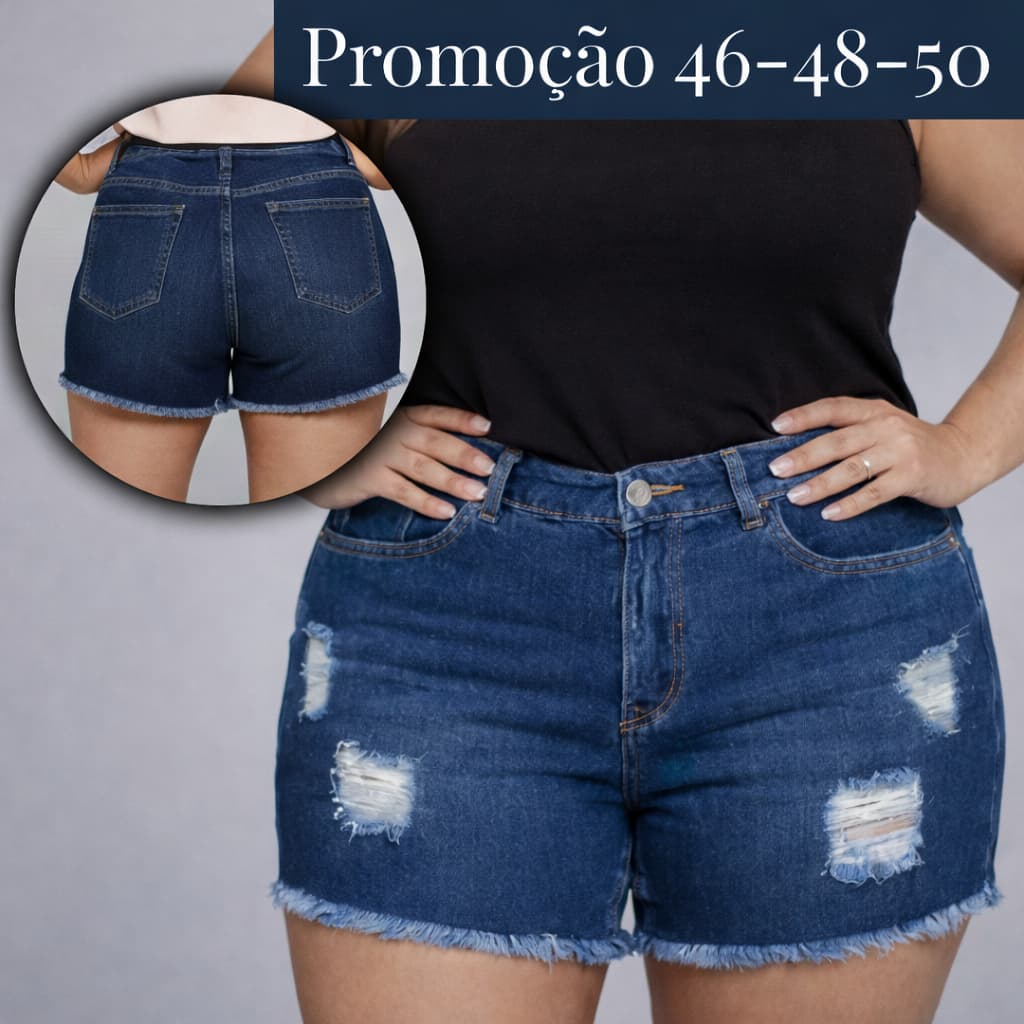 Short  Plus Size Cintura Alta Modeladora Barrinha Desfiada Empina Bumbum Escuro com Destroyed