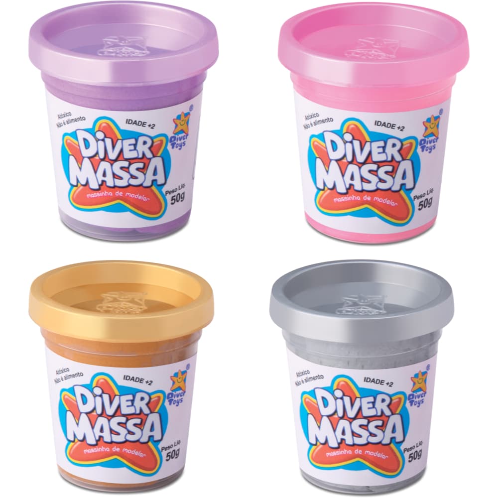 Kit Massinha Perolada Infantil 4 Unidades Coloridas Brilho Especial – Produto Original Diver Toys