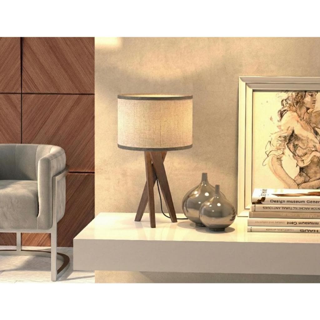 D+Mob Luminária Abajur de mesa Cúpula 30x20 Borda Corino Elegância Modernidade Tripé em Madeira