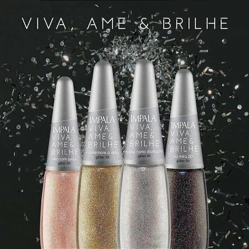 Esmaltes Impala Coleção Viva, Ame e Brilhe Glitter 3D