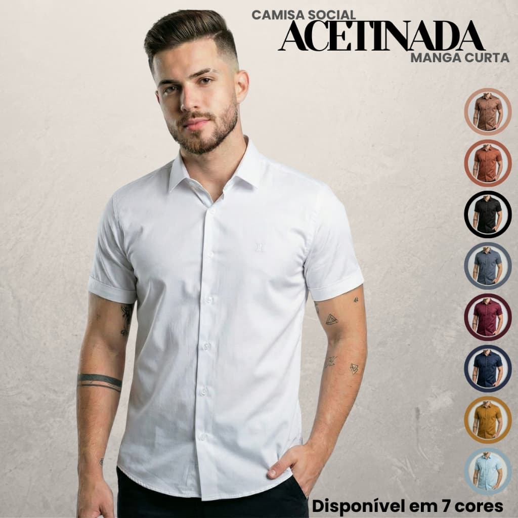 Camisa Social  Masculina Acetinada Manga Curta Slim Moderna Fibra de Bambu Premium
