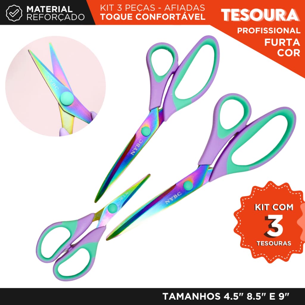 Kit 3 Tesouras Furta-Cor Aço Inox Profissional 4.5 8.5 e 9 Polegadas Multiuso Costura Papelaria - MZ