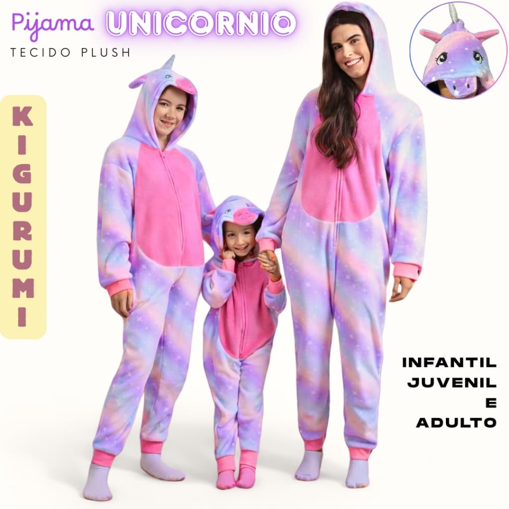 Pijama Kigurumi Fleece Macacão Bebe Infantil Juvenil Adulto Unicórnio Fofinho Arco Iris Menina