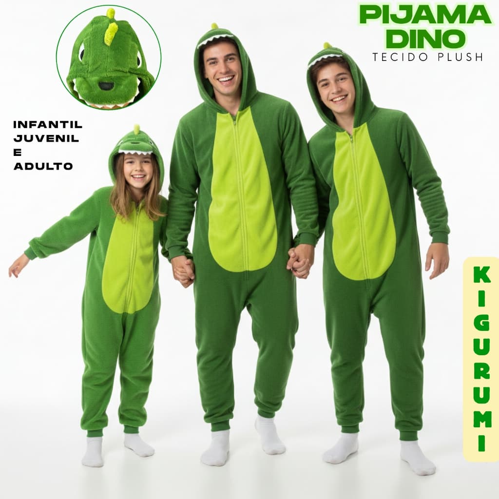Pijama Macacão Fofinho Plush Dino Infantil - Juvenil Adulto Dinossauro Kigurumi Menino Original