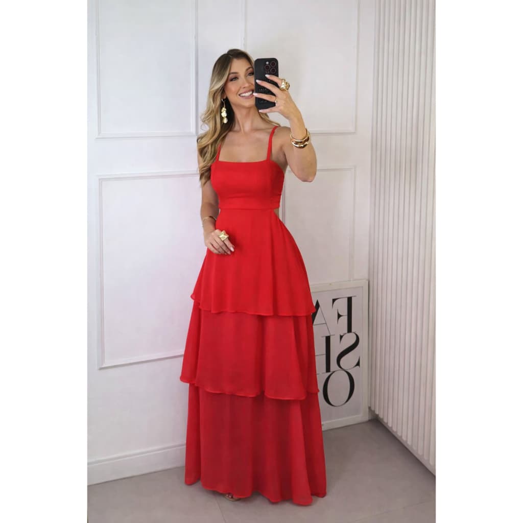 Vestido Longo de Alçinha com Saia 3 Marias + Fenda Lateral