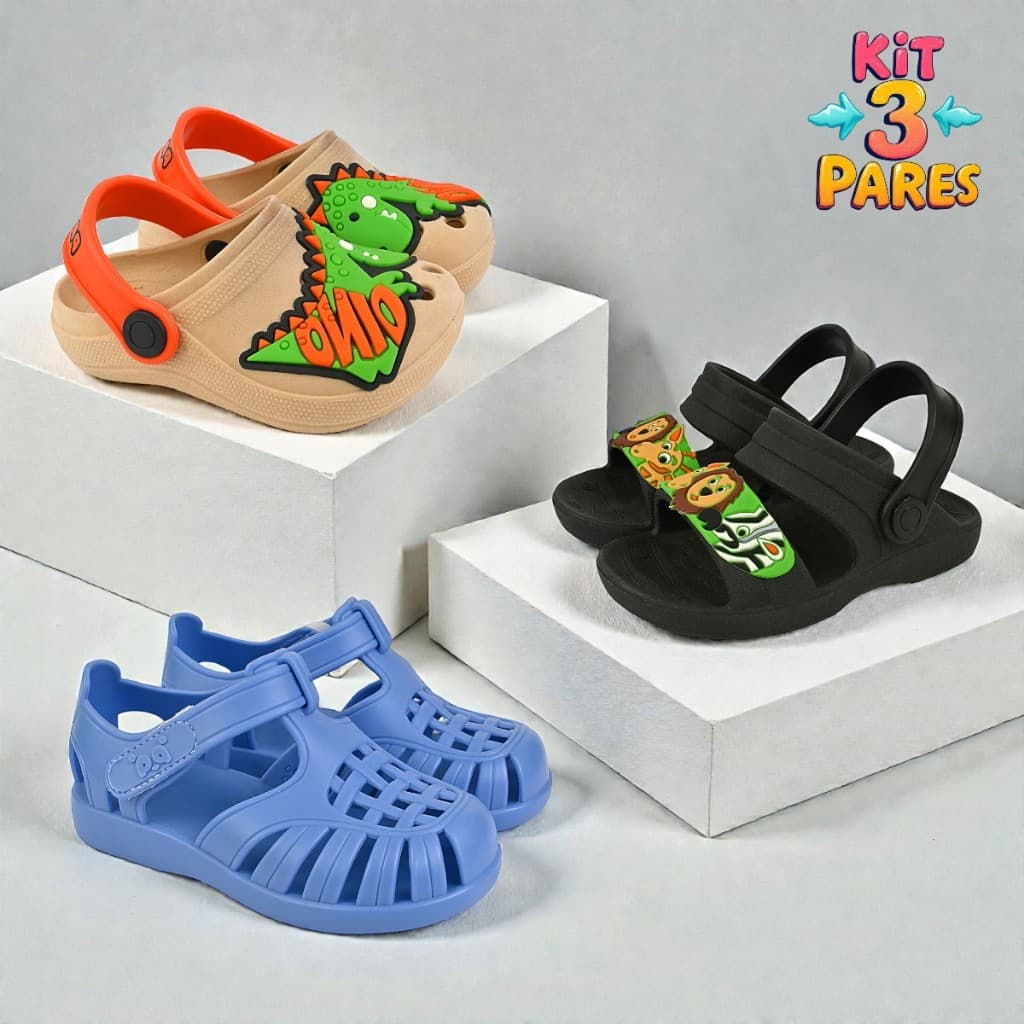 Sandália Papete Babuche Menino Kit 3 pares Escolar Confortável e Macio Pandoka
