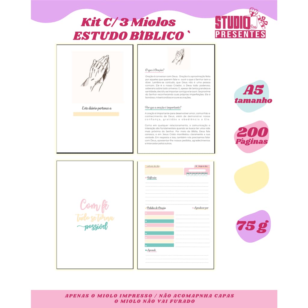 kit com 3 miolos impressos estudo bíblico tinta pigmentada 200 paginas tamanho a5 / 3 unidades por kit
