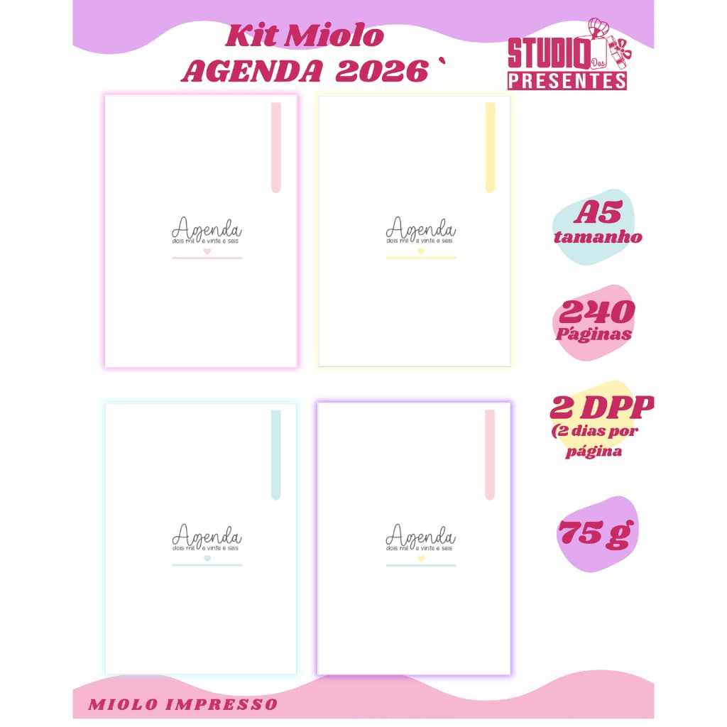 KIT COM 3 Miolos Agenda CLEAN CORES 2dpp 2026 impressao pigmentada / 240 paginas 3 UNIDADES POR KIT