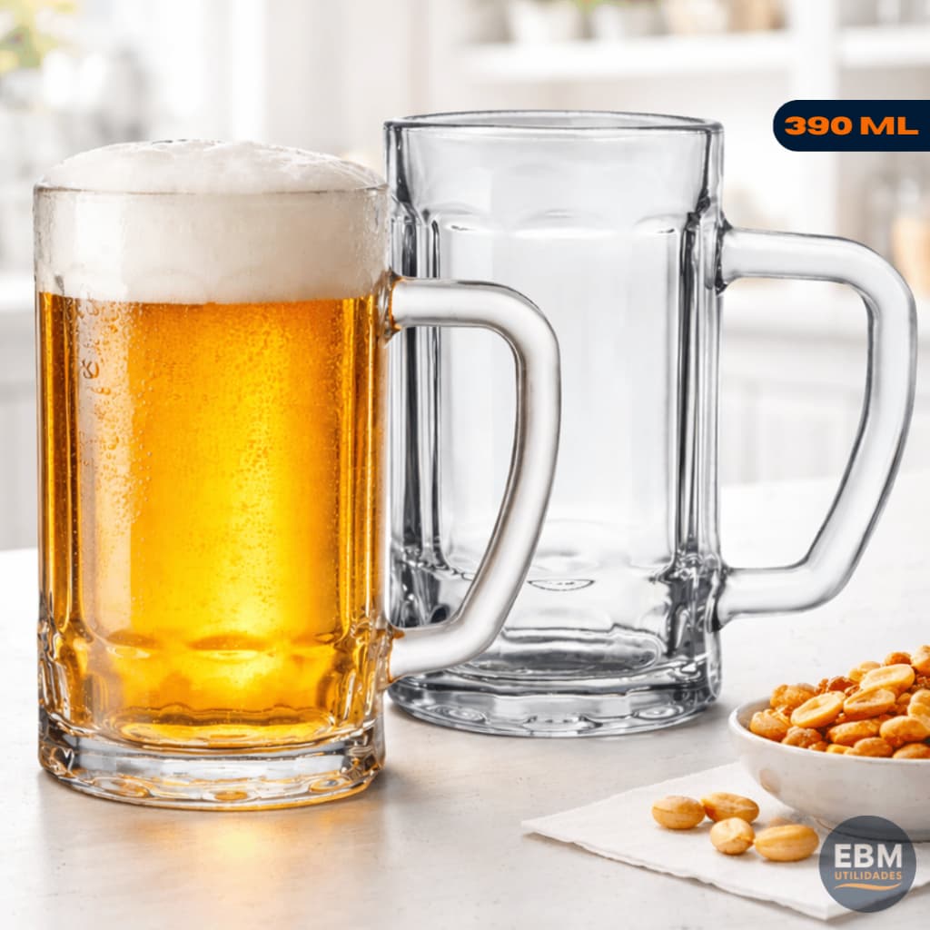 Kit 2/4/6/10 Caneca De Chopp Vidro Com Alça Para Bebidas 390ml