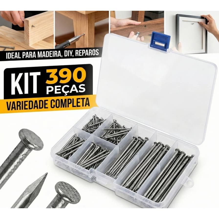 Kit Jogo De Pregos De Aço Com Caixa Organizadora 390 Peças Tamanhos Variados 15mm a 70mm Para Madeira