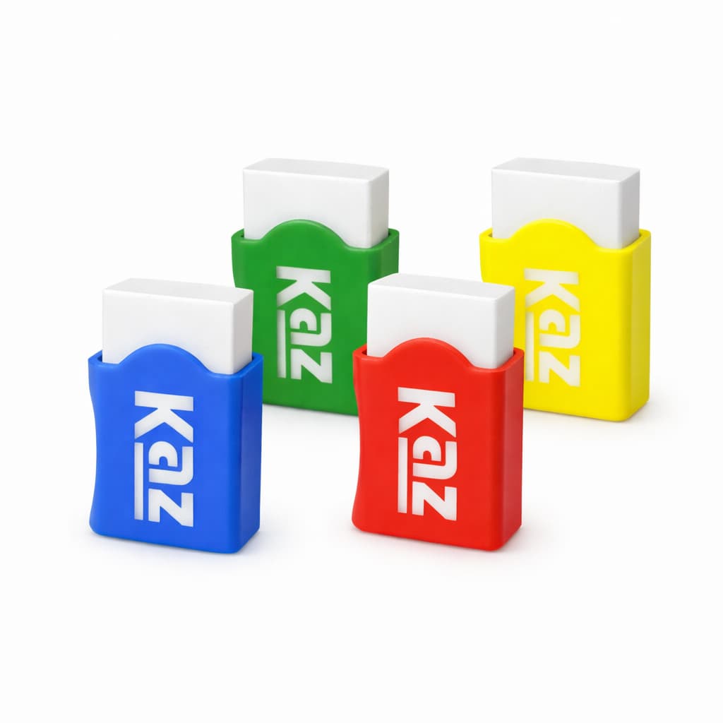 Borracha Escolar KAZ K2000 Kit 4 Unidades Branca com Capa Colorida Atóxica Macia Não Mancha Papel