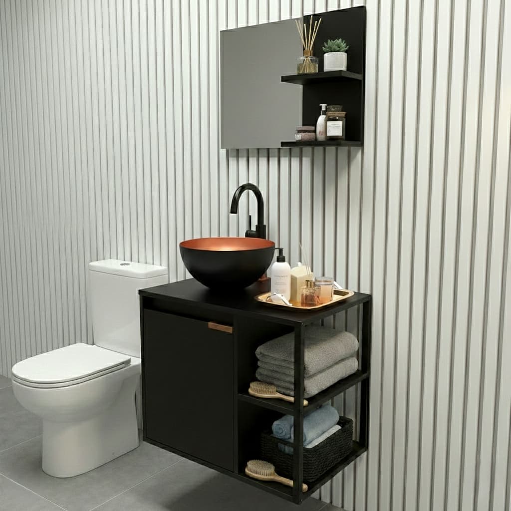 Conjunto Completo para Banheiro com Armário Gabinete Industrial + Cuba e Espelho