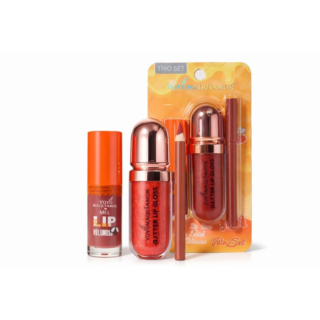 Kit Trio 3 em 1 Yoyo Maquiamor – Lip Oil + Gloss Glitter + Lápis Labial