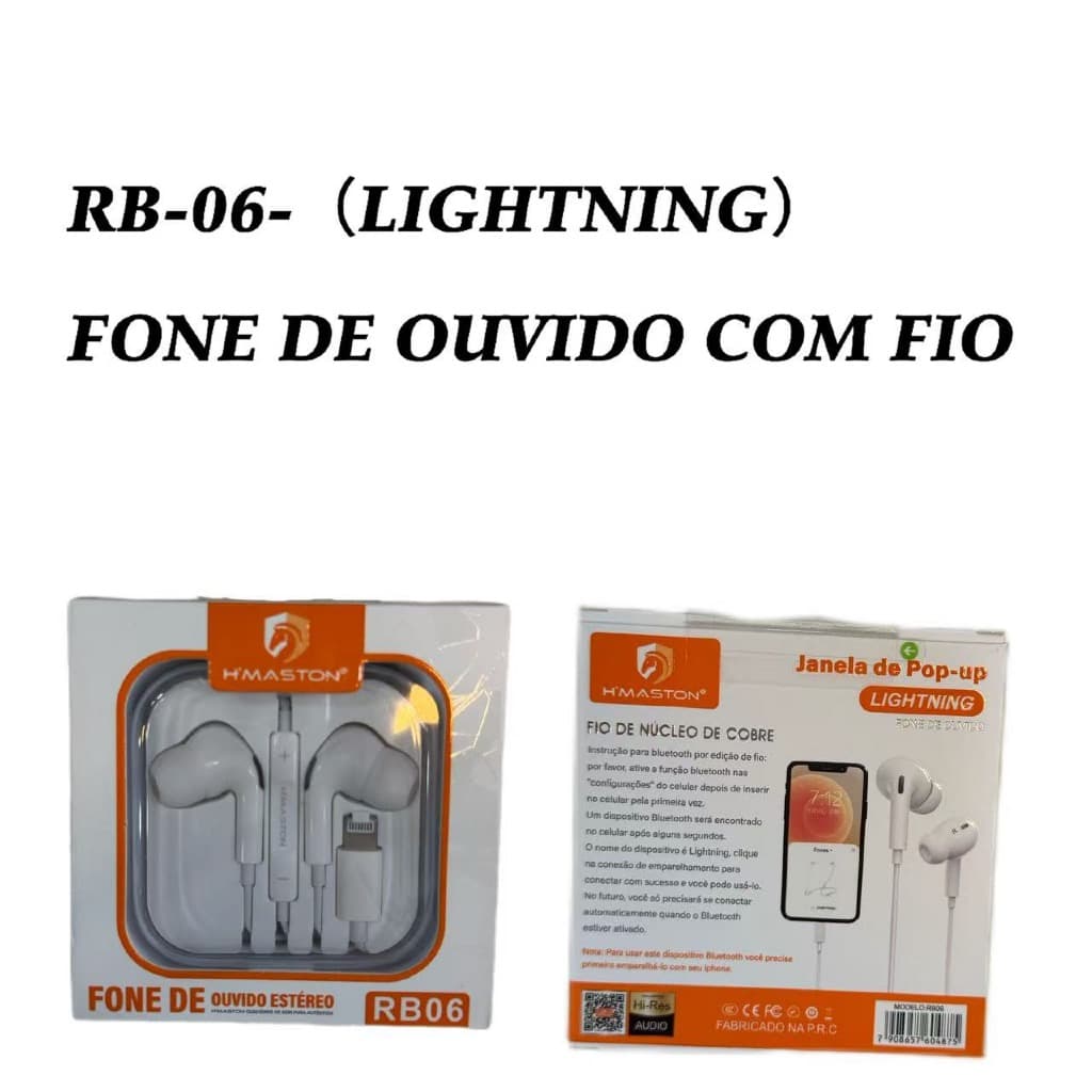 Fone De Ouvido Com Fio- H'maston RB-06 IOS LIGHTNING com borrachas